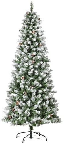 HOMCOM Albero di Natale Innevato da 180 cm con 630 Rami e 37 Pigne, Albero di Natale Finto in Plastica e Metallo con Base Rimovibile, Verde e Bianco