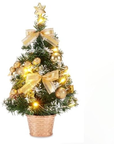 KUWUNG Pequeño Arbol de Navidad con Luces Incorporadas, 40CM Mini árbol de Navidad con Luces Led, Bolas Navidad, Piña, Artificial Arbol de Navidad Pequeño, Mesa de Comedor Arbol Navidad Pequeño