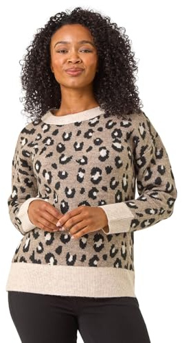 Roman Originals Thick Jumper for Women UK - Ladies Winter Autumn Smart Casual Knit Knitted Knitwear Pull-On Round Crew Neck Long Sleeve Work Office Dinner Party - Petite Taupe - Size 18
