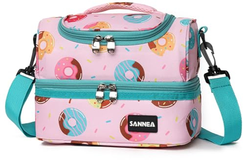 SAMERIO Doppelstöckige Lunchtasche Kühltasche isolierte Lunchbox Tragetasche 7L Pinker Donut Bento-Taschen mit abnehmbarem verstellbarem Riemen