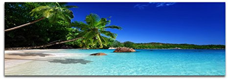 Panoramabild auf Leinwand und Keilrahmen 120x40cm Seychellen Strand Meer Palmen