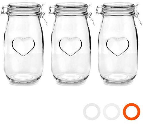 Nicola Spring Heart Shaped Glass Storage Jar with Airtight Clip Lid - 1500ml - 3 Pack - 4 Colour Seals - Kitchen Vintage Round Preserving Container for Pickling, Chutney, Jam, Coffee, Oats