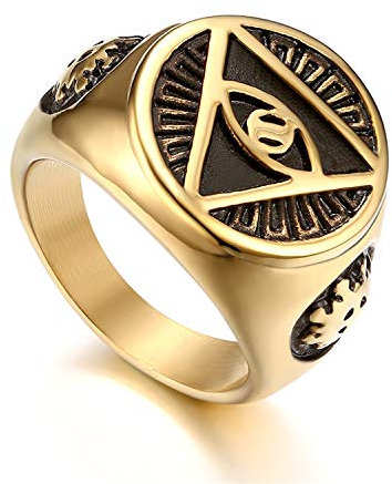 Flongo Herrenring Männer Ringe Siegelring Bandring, Edelstahl Biker Siegel Ring Auge der Vorsehung Eye of Providence All-Seeing Eye of God Pyramid Gold Golden Daumenring Schmuck Herren-Accessoires