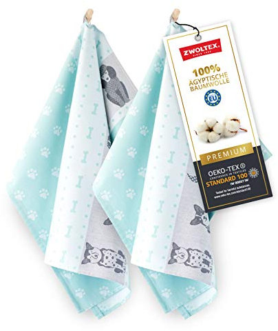 ZWOLTEX Hochwertige Geschirrtücher aus 100% Ägyptischer Baumwolle I Made IN EU I Oeko-TEX 100 I Jacquard Küchentücher - 2X Geschirrhandtücher mit Motiv Hunde Mint-Blau
