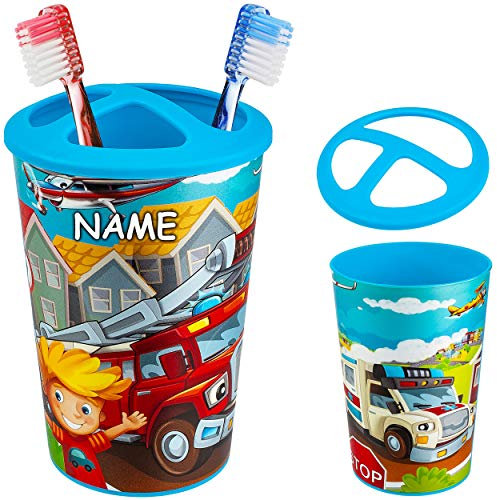 alles-meine.de GmbH Zahnbürstenhalter/Kinderzahnputzbecher - Auto - Fahrzeuge & Feuerwehr - inkl. Name - Zahnbürstenbecher - für Zahnbürste - Becher - Kinderzahnbürste Babyzahn..