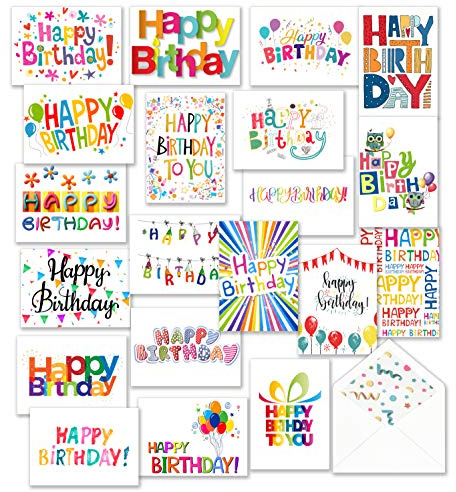 100 Happy Birthday Karten mit Umschlägen und Aufklebern – 20 einzigartige bunte Designs Grußkarten, große 12,7 x 17,8 cm gefaltet, dicker Karton, matt lackiert in einer stabilen Verpackung