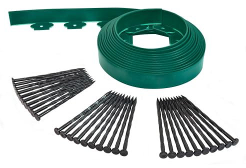 Oxeo Bordurette de Jardin Flexible 10M - Hauteur 5 CM + 30 piquets Verte - Bordure de Gazon Pelouse - Utilisation Facile