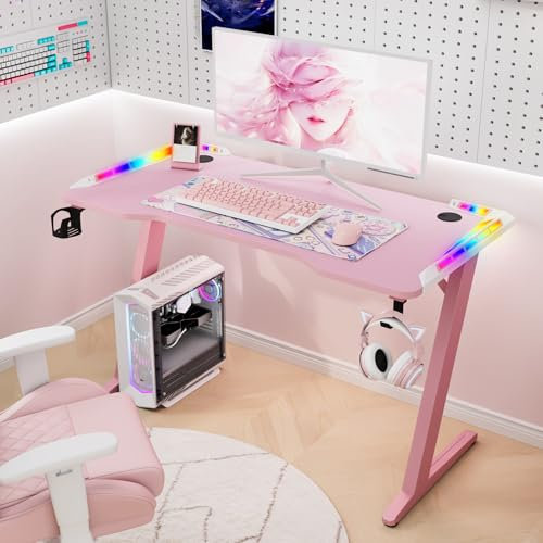 Hironpal Pink Gaming Desk with LED Lights, Computer Desk Workstation for Home Office Desk, PC Study Desk with Cup Holder and headphone Hook for Laptop Home Office