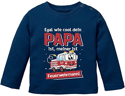 MoonWorks® Baby Langarm-Shirt Egal wie cool deinen Papa ist, meiner ist Feuerwehrmann Babyshirt Feuerwehr Auto Jungen Mädchen Navy 80/86 (10-15 Monate)