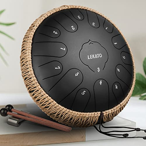LEKATO Steel Tongue Drum, 13 Zoll 15 Noten, C-Dur, Zungentrommel Schlagzeug mit Tragetasche, Handpan Drum Percussion für Meditation Yoga Musikunterricht, Schwarz