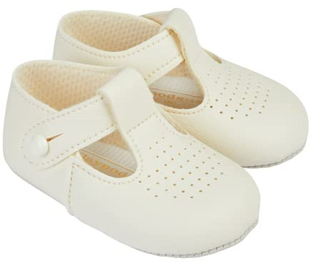EARLY DAYS Baypods, Baby Shoes for Boys & Girls, Soft Soled Pre Walker Shoes, Soft Faux Leather Baby Boys & Baby Girls Shoes, B625 T Bar Style Shoe with Hole Punch, Made in England, Cream, 0 UK Child