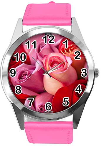 TAPORT Hot Pink Leather Round Watch for Flowers Fans e3