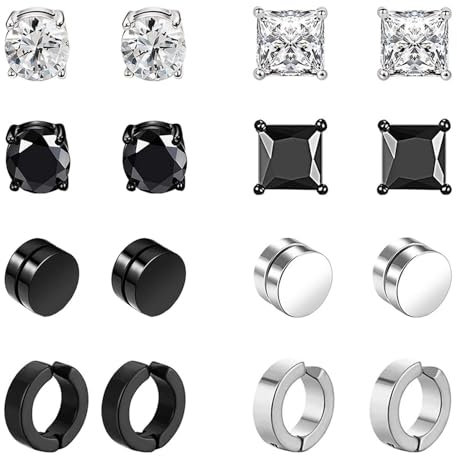 8 Paar Edelstahl Magnet Ohrringe für Herren Damen Mädchen Creolen CZ Magnet Nicht Durchdringende Clip Magnet Ohrstecker Clips Nickelfrei Tunnel Ohrclips Non Piercing Ohrringe Set Schwarz A