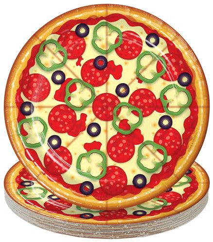 HOME & HOOPLA Pizza Party Supplies - Round Pizza & Toppings Paper Dessert Plates for 16 Guests