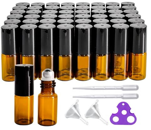 Braunglasflaschen mit Roller, 3 ml, für ätherische Öle, Probenfläschchen mit Edelstahl-Rollerball, schwarze Kappen, für Reisen, Parfüm, Kosmetik, kleiner Behälter (2 Trichter, 2 Pipette, 1 Öffner) (3
