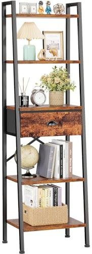 Furologee Scaffale a scala a 5 livelli, libreria alta e stretta con cassetto, libreria in piedi, organizer industriale aperto per bagno, cucina, camera da letto, soggiorno, marrone rustico