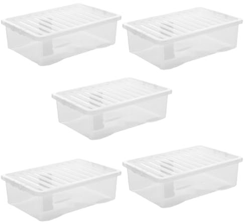 Khanary 32L Clear Storage Boxes with Lids Stackable Containers Home Under bed Living Room Bedroom Organization Garage Kitchen Storage Solutions Plastic Pantry Box (5x 32L Clear Box)