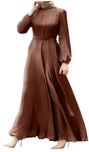 Damen muslimische kleider Casual Lange Laternenärmel Robe Gebetskleidung Abaya elegantes Riemen zum Straffen der Taille kaftan einfarbig Gewand islamische kleider Braun,XL