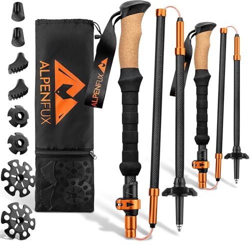 ALPENFUX® Premium Wanderstöcke faltbar, Trekkingstöcke, Nordic Walking Stöcke, leicht und verstellbar mit Klemmverschluss und Korkgriff für Damen und Herren