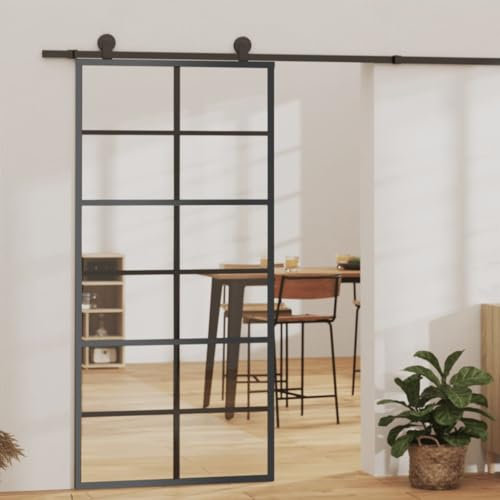 Hommdiy Schiebetür mit Beschlag Glasschiebetür Glastür Glas Schiebe Tür Schiebetürsystem Laufschiene Schiebetürbeschlag ESG-Glas Aluminium 90 x 205 cm/183 cm Gleitschiene,6x2 Raster