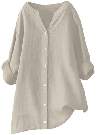 RLEHJN Tunique Femme Longue Chic Chemisier En Coton Et Lin À Manches Longues Pour Femmes Col V Boutonné Top Chemise Longue Ample De Couleur Unie En Lin Tee Shirts Décontracté Lâche Respirant Soldes
