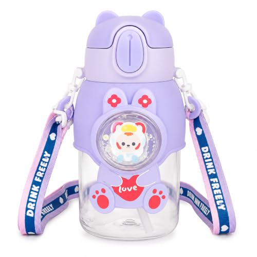 Water Bottle with Cartoon Design, 600ml, Flip Straw Lid, Leakproof, School Travel Bottle with Strap