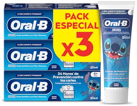 Oral-B Pro Junior Disney Stitch Pasta de Dientes para Niños, Pack 3x75 ml | Dentífrico para Niños de 6 a 12 Años, Elimina La Placa y Previene Las Caries, Sabor a Menta Suave