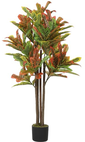 HOMCOM Pianta Artificiale di Croton 139 Foglie 55x55x120 cm Multicolore | Foglie Modellabili, Vaso Contenitore Bianco in PP e Cemento, Pianta Finta in PEVA e Legno, per Interno Ufficio Soggiorno