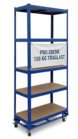 Relaxdays Schwerlastregal auf Rollen, HxBxT: 191 x 90 x 45 cm, 750 kg, 5 Böden, Stahl, Stecksystem, Lagerregal, blau