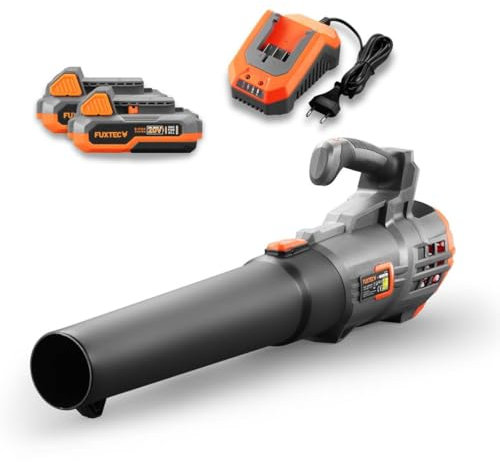 FUXTEC Akku Laubbläser 20V FX-E1LB20 - Inklusive 2 x Li-Ion 2Ah-Akku und 2,4A Ladestation - Laubgebläse zum Entfernen von Laub für Garten, Gehweg und Einfahrt - Leise - bis 38m/s