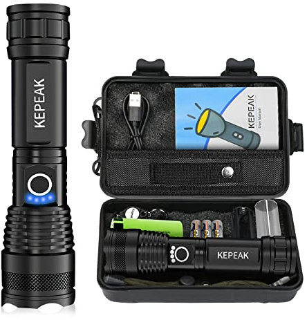 KEPEAK Linterna LED Recargable, Linternas LED Alta Potencia Zoomable 5000 Lumen con Batería 5000mAh y AAA, 5 Modos Impermeable IPX64 Linterna Tactica Pequeña para Camping, Al aire Libre, Emergencias