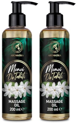 Massageöl Set Monoi de Tahiti 2 x 200 ml - Körperöl mit Kokosöl und Tiare Blüten Extrakt - Mandelöl und Traubenkernöl - Pfirsichkernöl und Jojobaöl - Tiareduft Massage Öl - Körperöl - Hautpflege
