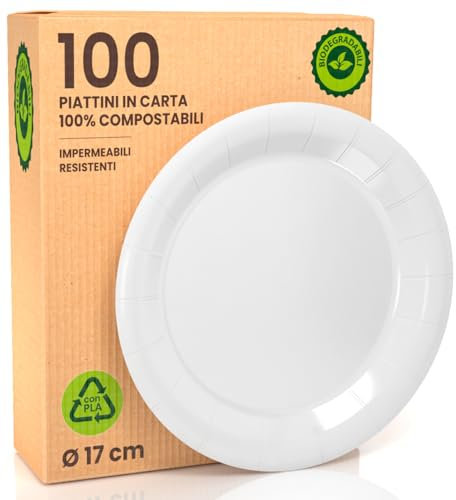 100 platos de bioplástico desechables 100% ecológicos – Diámetro 17 cm – Ultra resistentes y rígidos de bioplástico (PLA) – Biodegradables y compostables – Perfecto para picnics, barbacoas y fiestas –