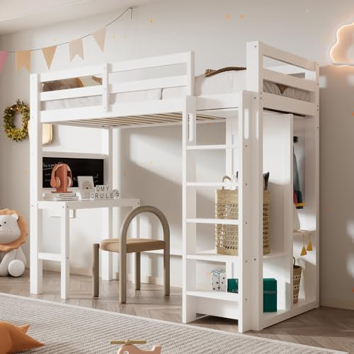 LATICO Kinderbett Hochbett 90x200 cm, Hausbett mit Schreibtisch, Offener Kleiderschrank und Regalen Stauraum, Holzbett Bettgestell Kinderbett mit Rausfallschutz und Lattenrost, Ohne Matratze, Weiß