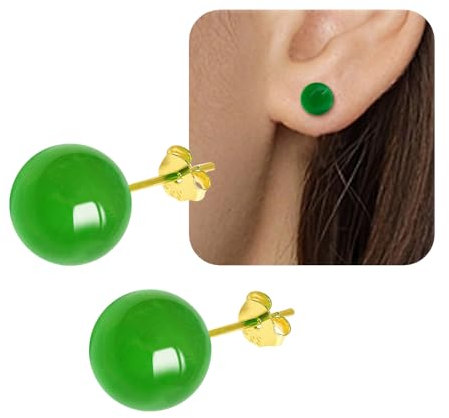 WGXIA Jade Grün Ohrstecker, natürliche runde Perlen Achat Smaragd Granat Obsidian Edelstein Ohrstecker Ball Jade Schmuck Geschenk (grün Achat-Gold-6mm)