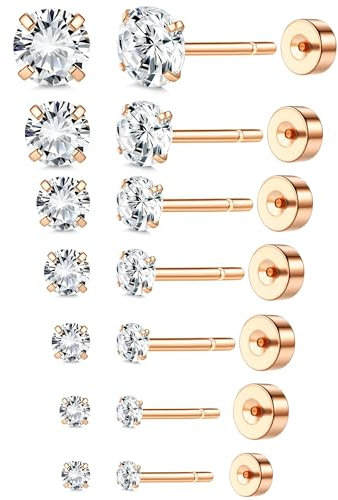 ADRAMATA 7 Paar Threadless Ohrstecker Chirurgenstahl Ohrringe Set für Damen Herren 2-8mm Zirkonia Knorpelohrringe 18K Gold Ohrstecker für Tragus Daith Helix Ohrpiercing Flache Rückseite Ohrringe,ARG