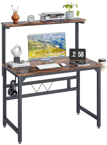 TREETALK Gaming Desk,100CM Industrial Writing Desk with Height Adjustable Monitor Stand to 5 Position(84.5-120cm), PC Laptop Workstation with Headphone Hook and Cupholder for Home Office Rustic Brown