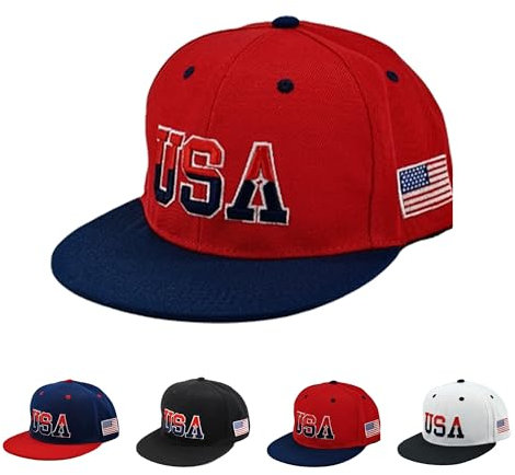American Flag Baseball Caps Embroiderred USA Flag Patriotic Dad Hat Adjustable Trucker Hats for Men Women, Red Flat Brim Usa Cap, One size