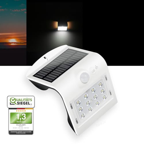 GINUX® Solarlampen für außen mit Bewegungsmelder | 54 LED Supperhelle Solarleuchten | Solar Lampe Outdoor für Wand und Garten mit 3 Modi (Weiss, 1 x 15W)