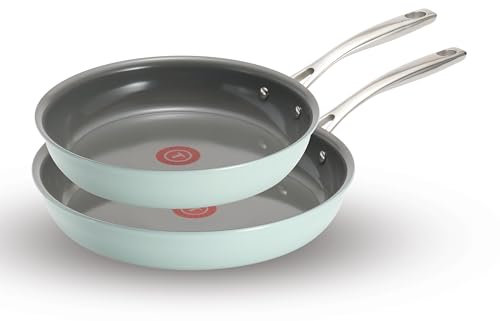 T-Fal - Juego de 2 sartenes antiadherentes de cerámica para inducción, 26,8 y 30,5 cm, color verde menta