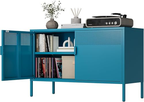 Armoire Metallique Rangement,Meuble Métallique Rangement à 2 Portes et Étagères Réglables,Caisson de Bureau,Cadre en Acier,en Métal,Fermeture Magnétique,pour Bureau,Salon,40 x 100 x 64 cm, Bleu