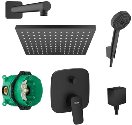 Hansgrohe Duschsystem mit Unterputz Duscharmatur von Hansgrohe Regendusche mit Armatur, Duschkopf eckig, Wandarm Dusch-SET HGSK07 schwarz matt