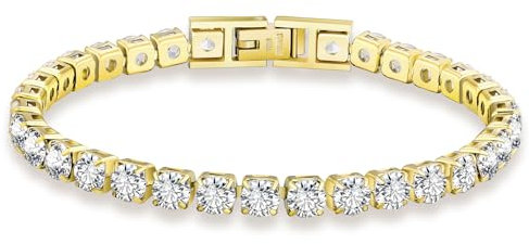 KRKC Damen Armband, 14K Gold Vergoldet 5mm Edelstahl Tennis Armband 5A Zirkonia, Nickel-frei Rostfrei Armkette Schmuck Geschenk für Frauen Geburtstag Muttertag Länge 16,5cm