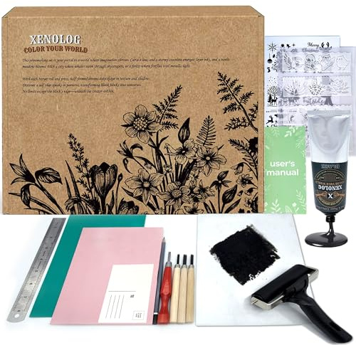 Xenolog Block Printing Kit - Complete Stamp Making Set with Lino Cutters, Printing Ink, Linoleum Blocks, Brayer, Transfer Paper & Stencils - DIY Printmaking Supplies for Beginners & Adults
