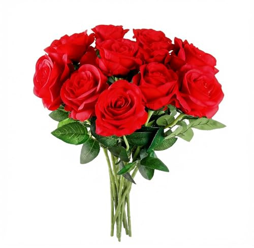 12PCS Red Artificial Rose Flowers,Large Roses,Artificial Roses,Artificial Rose with Stem 19.68'' Single Long Stem FakeRose,Realistic Decorative Flowers,for Home Garden Party Hotel Office Decorations