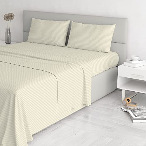 Italian Bed Linen CL-ST-panna-2P Completo Letto con Lenzuolo Sopra, Sotto e Federe in Tinta Unita Rigato, Raso di Poliestere, Panna, Matrimoniale, 300x250x1 cm
