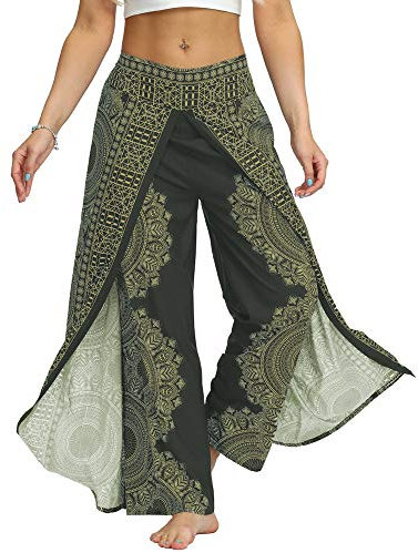 Nuofengkudu Damen Sommerhose Hippie Lange Hosen mit Schlitz Lockere Weites Bein Palazzo Bunt Flowy Yogahose Luftige Elegant Leicht Freizeit Sommer Strand Urlaub(Grün Blume,Größe XL,Etikett L/XL)