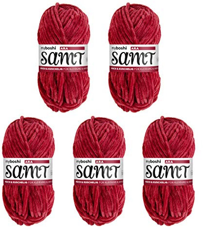 myboshi Samt Wolle zum Häkeln und Stricken, weiche Chenille Wolle im XXL-Knäuel, perfekt für Amigurumi und Kissen, 100% flauschige Polyester, 100g, Ll 100m Rot (Ara) 5 Knäuel