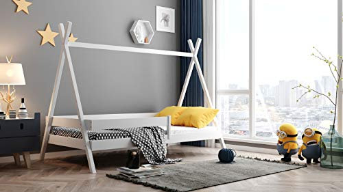 WFL GROUP Tipi Kinderbett Mit Sicherheitsbügel Massivholz Einzelbett 3ft 90x190 90x200 80x180 80x160 - Montessori Hausbett - Für Jungen Und Mädchen - Natürliches Kiefernholz - 160 x 80 cm - Weiss