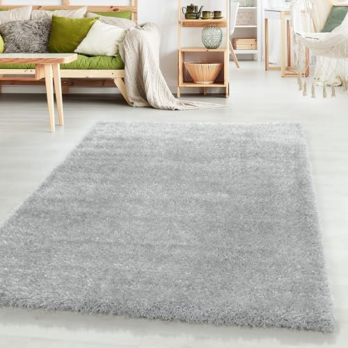 HomebyHome Shaggy Teppich Wohnzimmer 160x230 cm - 50 mm Florhöhe Hochflor Wohnzimmerteppich Silber Extra Weich und Flauschig - Langflor Teppiche für Schlafzimmer, Küche, Flur - Carpet, Halı
